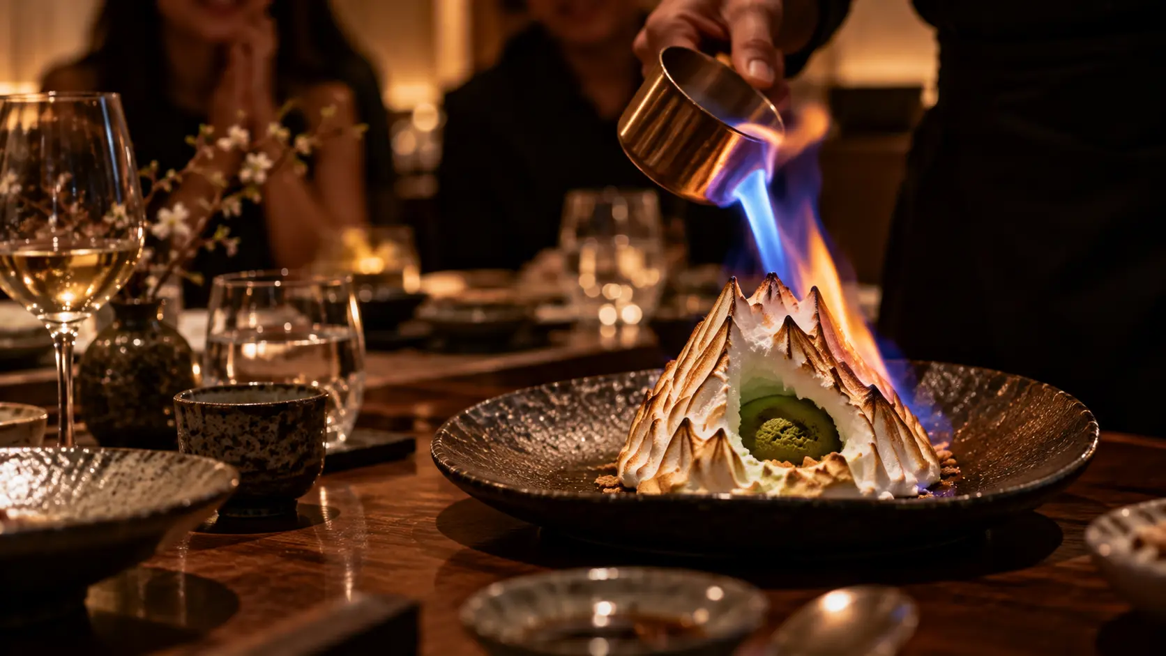 Flaming matcha meringue dessert at Satori Japanese fine dining restaurant in Birmingham.
