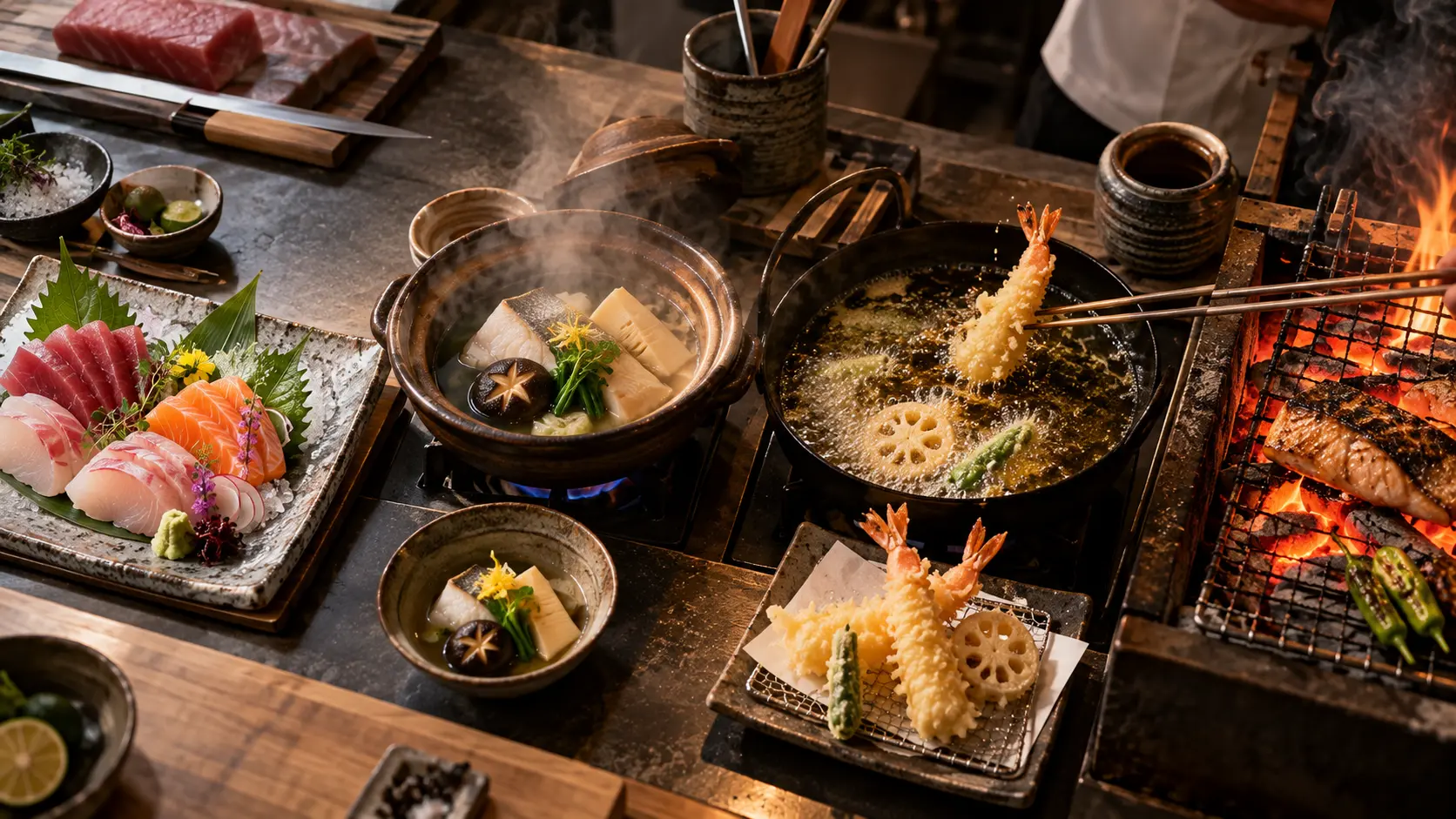 Japanese kitchen featuring sashimi, hot pot, tempura, and a charcoal grill.