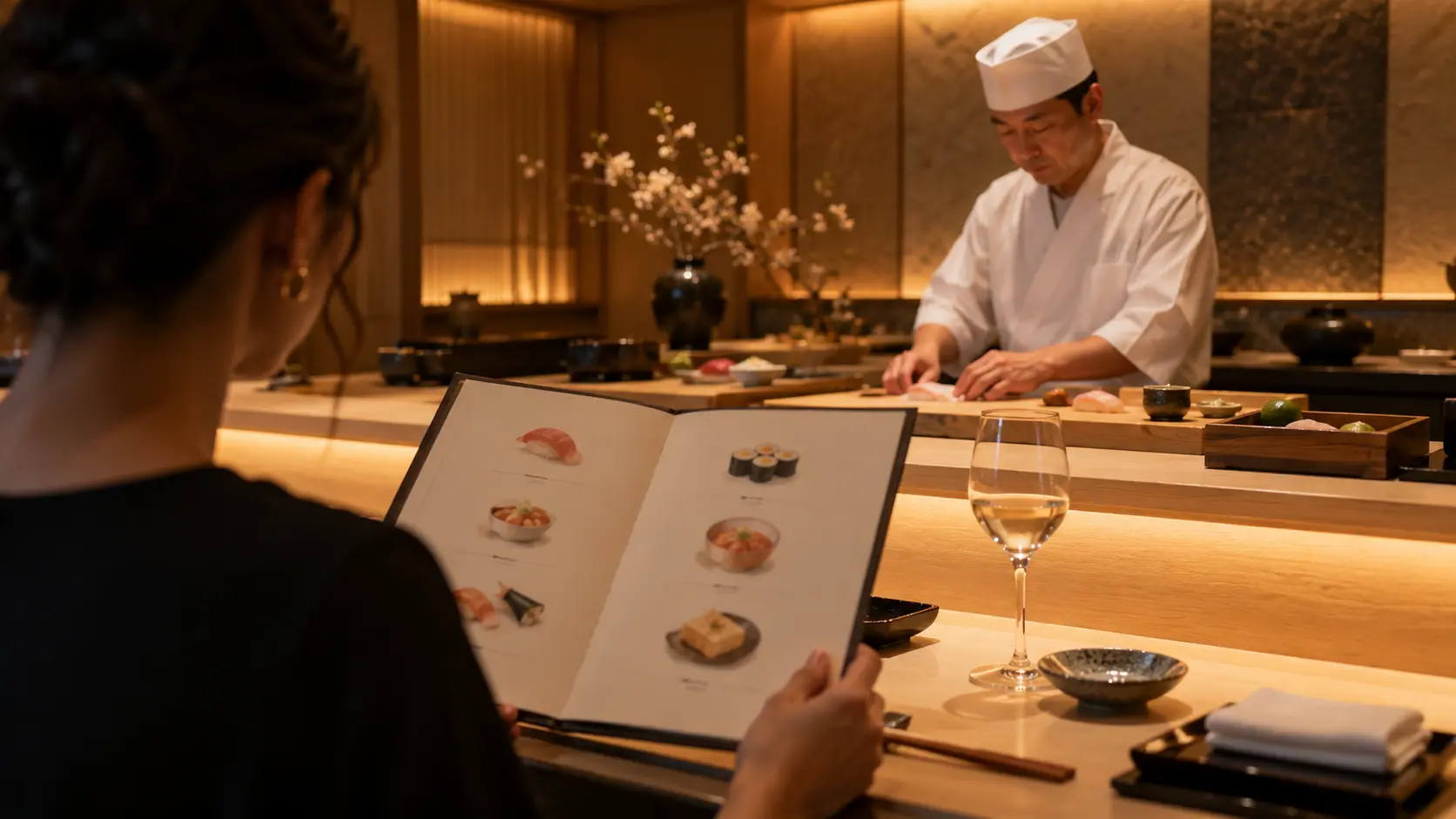 Omikase evening at the counter featuring a guest reading a menu while a chef prepares food.